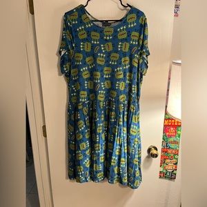 1X ModCloth blue jersey knit dress with cartoon alien print